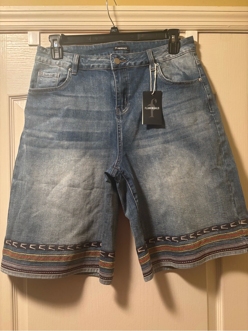 Flamingals Blue Denim Embroidered Hem Bermudas